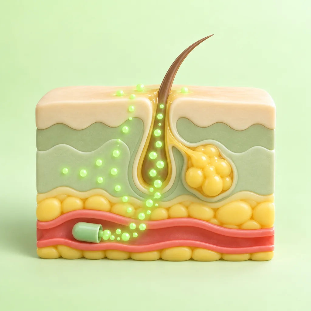Illustration : une gélule dans le sang apporte des nutriments au follicule pileux, à la glande sébacée et à la surface de la peau