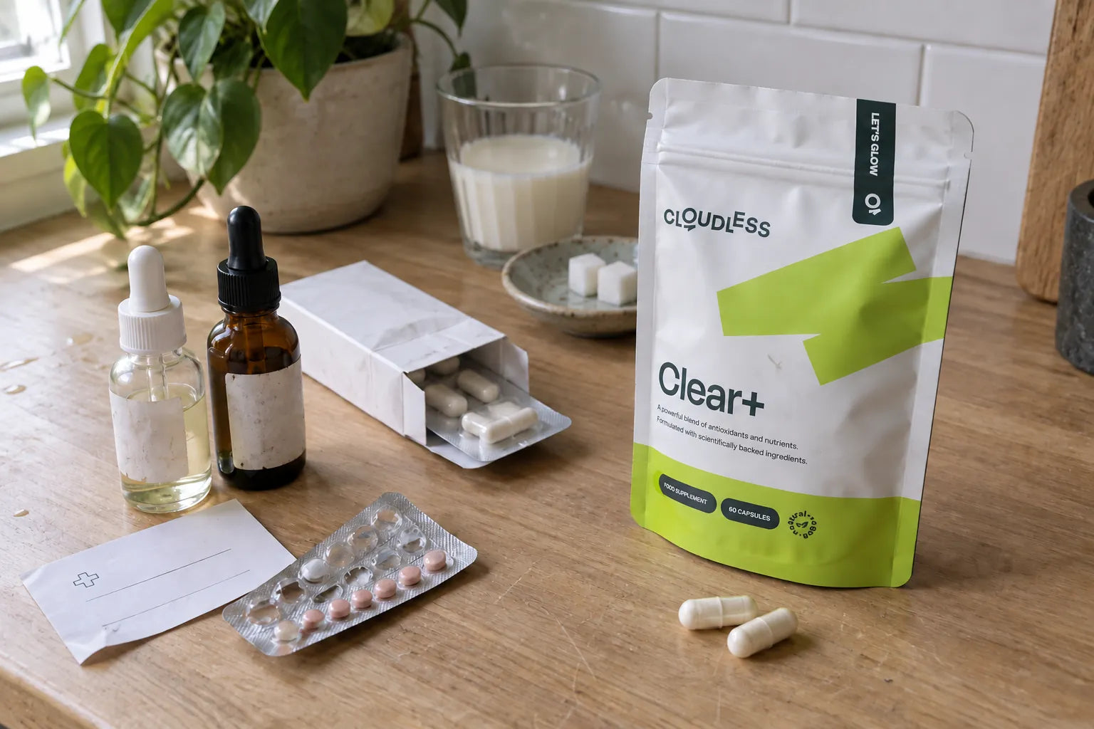 Tout ce que j'ai essayé en 6 ans, sur mon plan de travail : sérums, pilule, antibiotiques, carte de ma spécialiste de la peau, arrêt du lait et du sucre, et Clear+