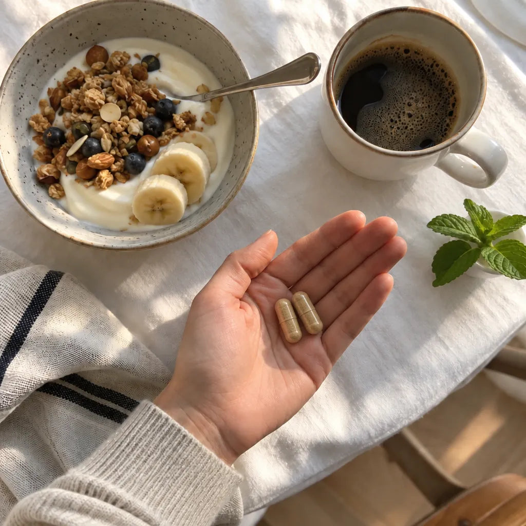 Une main tenant deux gélules au petit-déjeuner, à côté d'un yaourt, d'un café et d'un brin de menthe